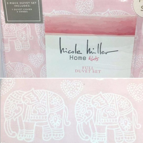 3pc Nicole Miller Pink Ornate Elephant FULL Duvet Sham Set Hearts Aqua Tassel - Picture 1 of 8